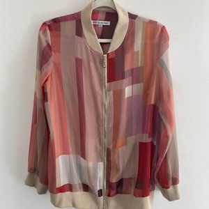 Betsy Moss Multicolor Pink Geometric Chiffon Bomber Jacket Sz XS